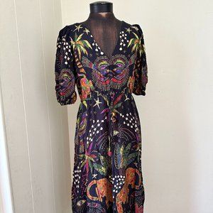 FarmRio Boi de Santa Fé Black Printed Midi Dress with Puffy Sleeves, size XL